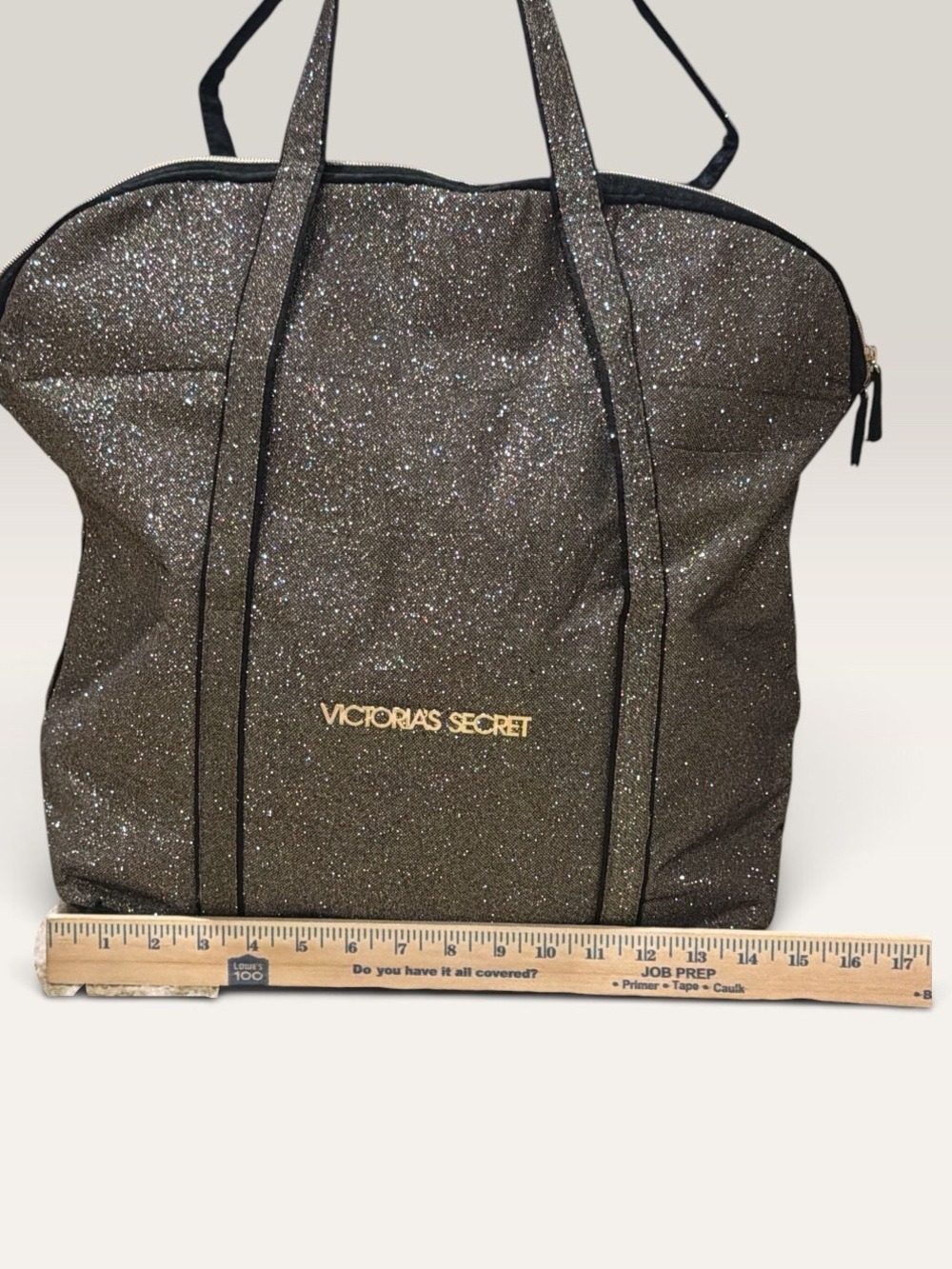 Victoria's Secret Black Metallic Gold Glitter Zipper Weekender Travel Tote Bag - Picture 6 of 8